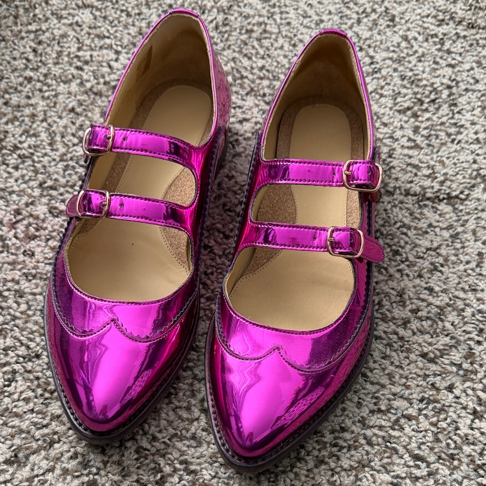 Women's Metallic Fuchsia Double-Strap Mary Jane Flats